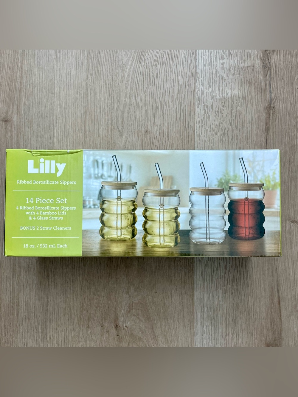 NWT Lilly Ribbed Glass Sippers with Bamboo Lids and Glass straws, 18 oz Set of 4 - Picture 15 of 16